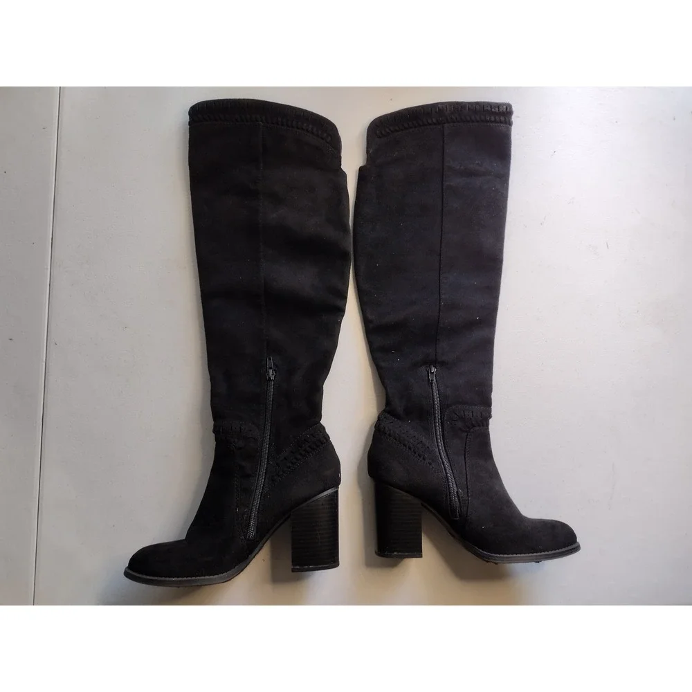 Black Suede Knee High Boots Chunky Heel Side‎ Zip Women Size 5.5
